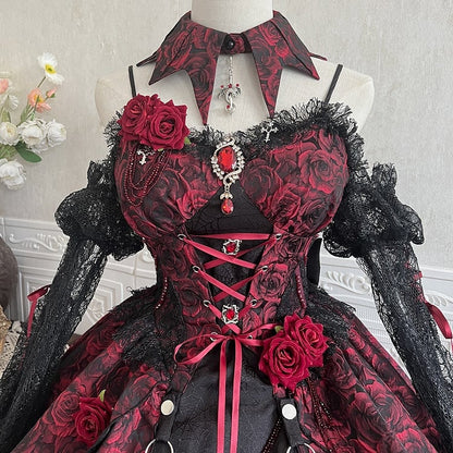 Black and Red Gothic Rosette Fabric High-low Skirt Dress Lolita JSK