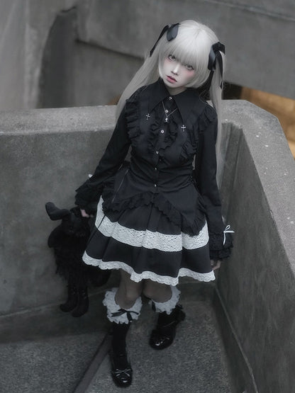 Black Lace Trimming Cross Charm Collar Ouji Lolita Shirt