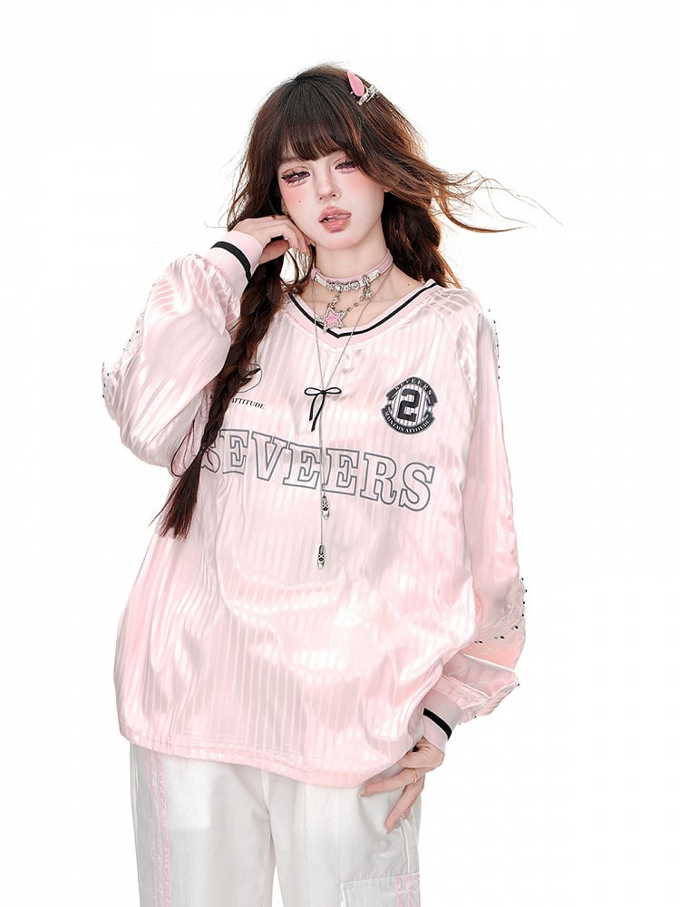Pink/Gray Striped Pattern V-Neck Loose Sweatshirt