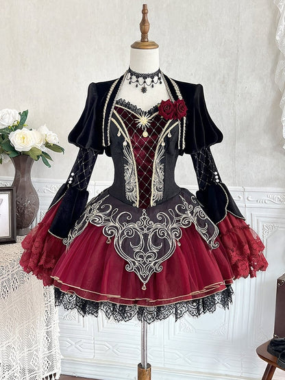 Lolita JSK à fines bretelles gothiques vampire noires et rouges + boléro à manches longues en cloche
