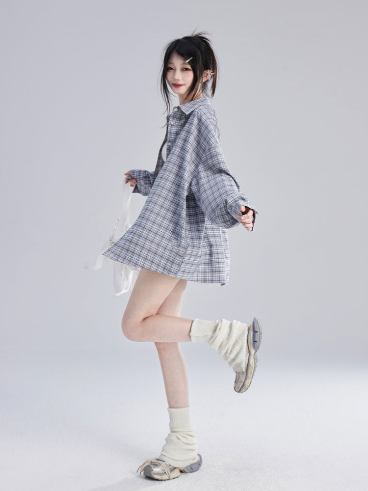 Loose Blue  White Plaid Vintage Shirt/Bubble Skirt