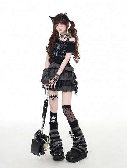 Black Asymmetrical Neckline and Buckle Hem Strap Distressed Holes Graphic T-Shirt