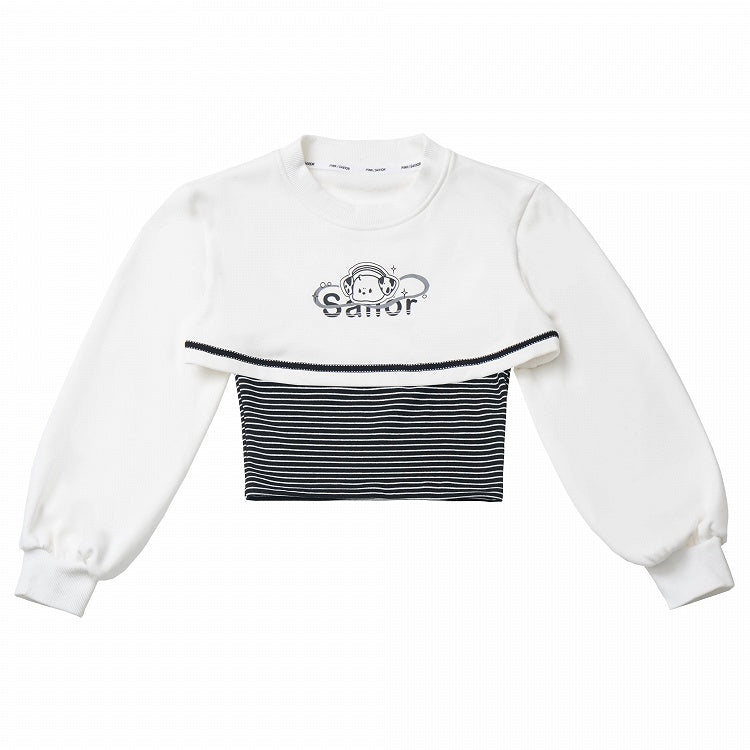 Striped Pattern Top with  Puppy Print Cropped Sweatshirt Set
