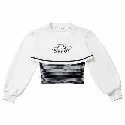 Striped Pattern Top with  Puppy Print Cropped Sweatshirt Set