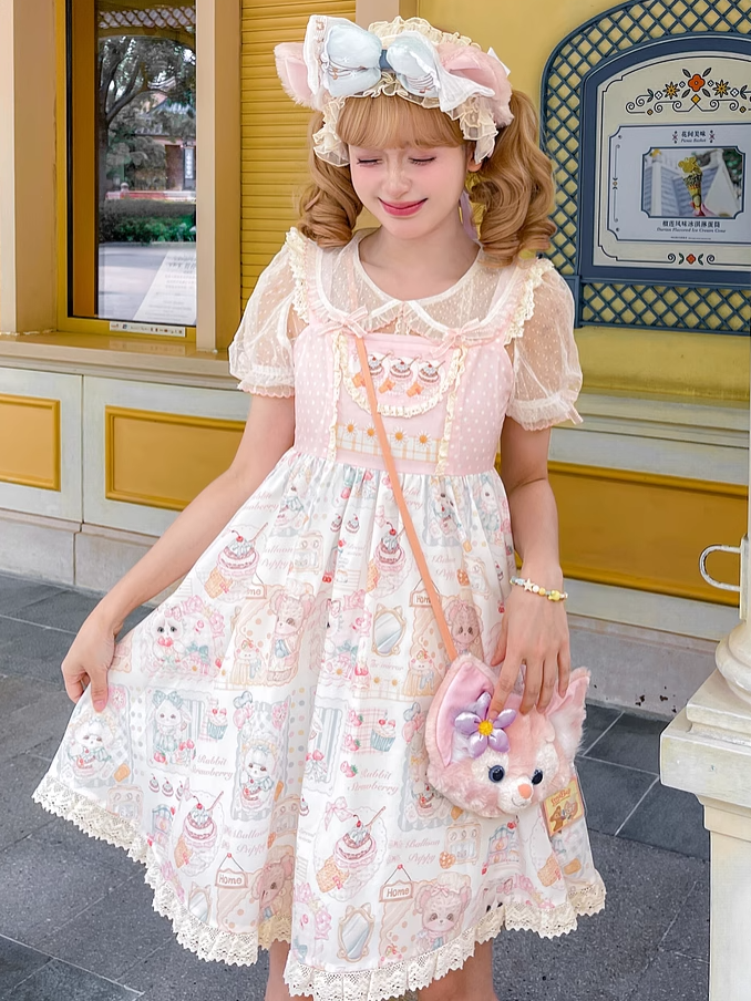 Sweet Lolita Dress Jumper Pink Flutter Sleeves Kitten and Cake Print Skirt