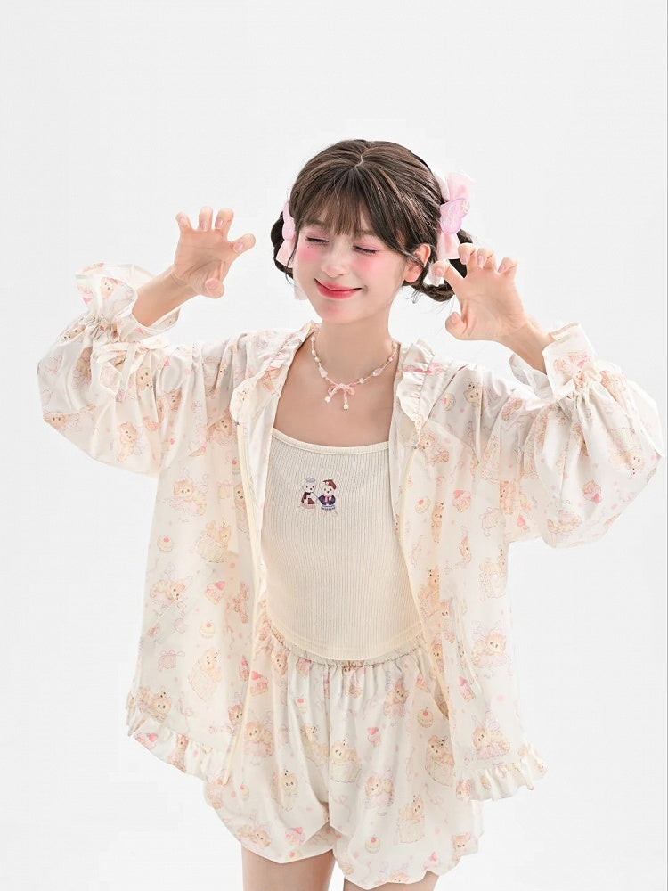 Cuffs Kitty Beige Allover Kitty Print Hood Sun Protection Jacket Ears Drawstring
