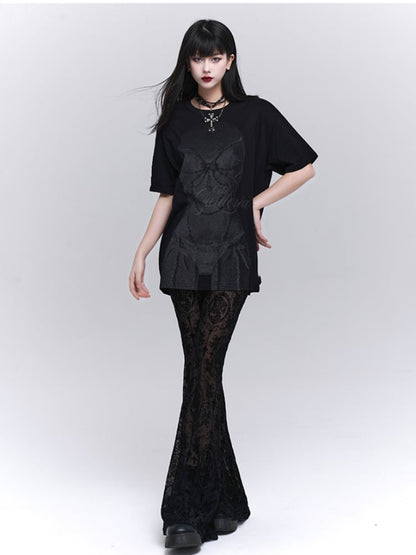 Gothic Black Lace Rosette Flared Pants