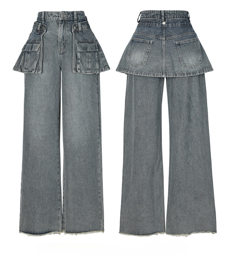 Wide-Leg Jeans with Detachable Skirt Accessory Blue Vintage