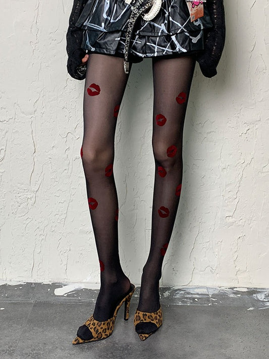 Black/Red Gothic Lips Tights