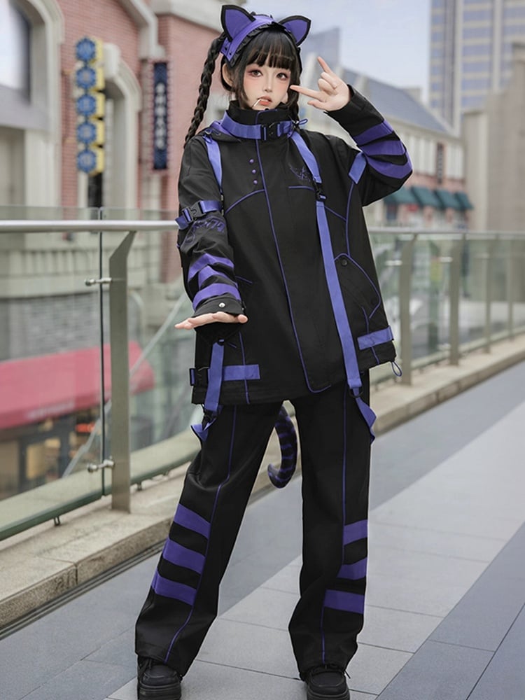 Black and Purple Techwear Buckle Straps Cat Ears Hooded Baggy Windbreaker Jacket