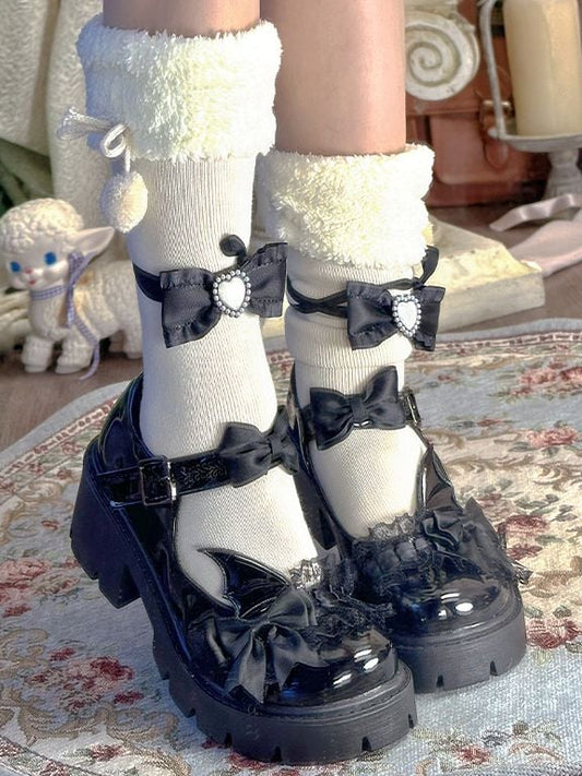 Lolita Beige/Gray Pompons Plush Trim Calf Socks