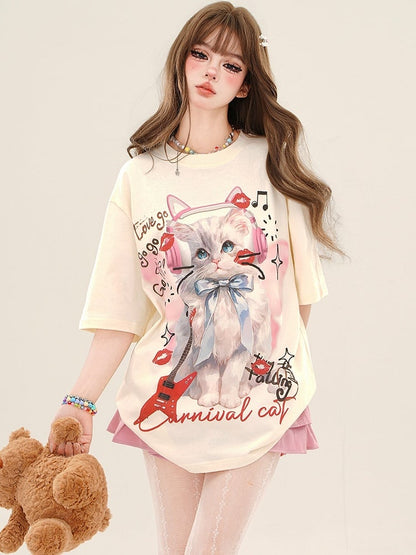 Apricot/Pink Sweet Cat Loose T-shirt