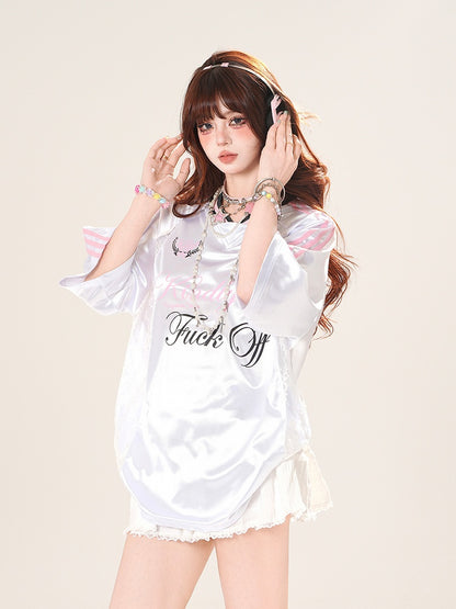 V-Neck T-Shirt Contrast Lace Patches Blokette Core Pink