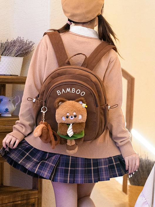 Brown Cute Backpack With Red Panda Plushie
