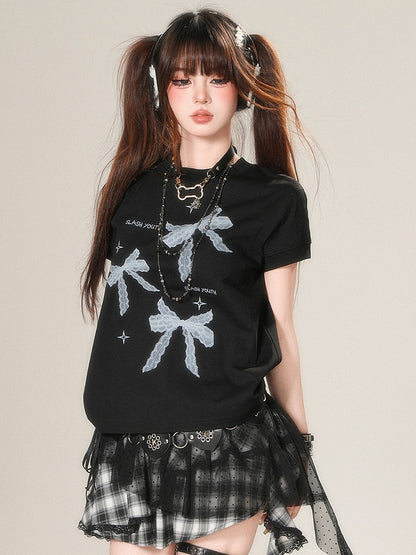 White/Black Daily Print Bowknot Kawaii T-shirt