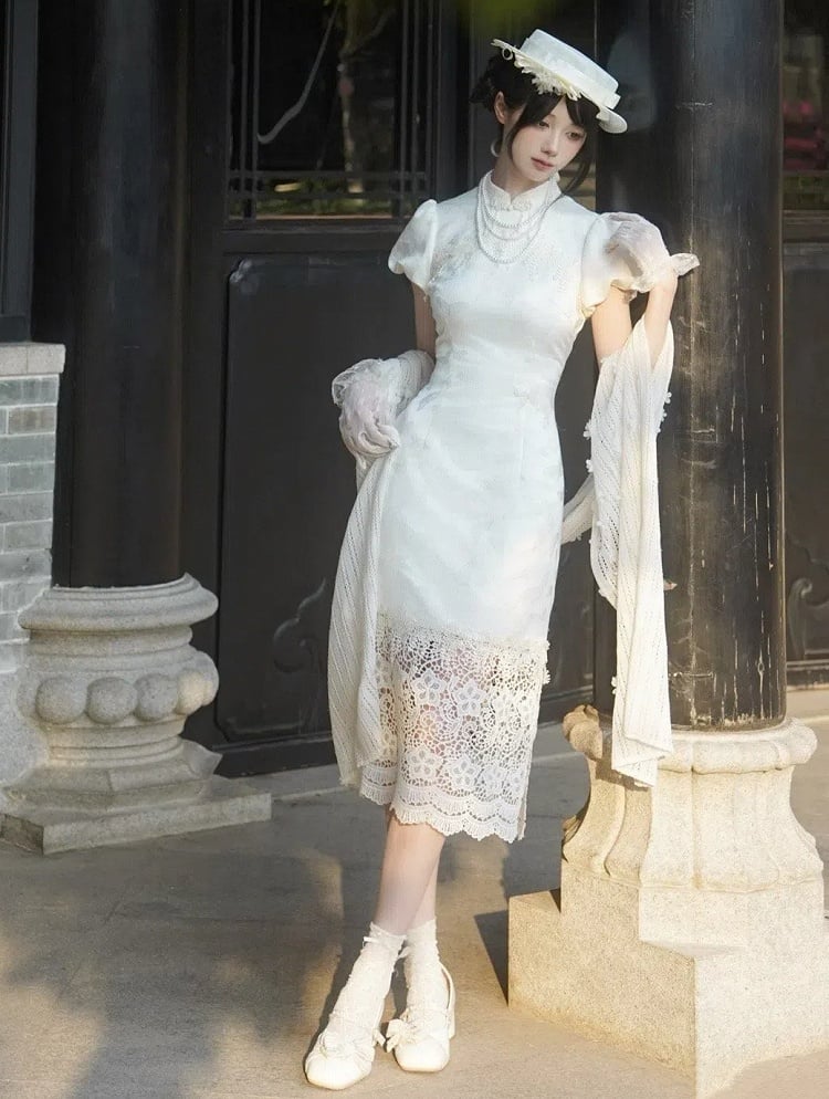 Knitted Shawl Flowers Decorated Beige