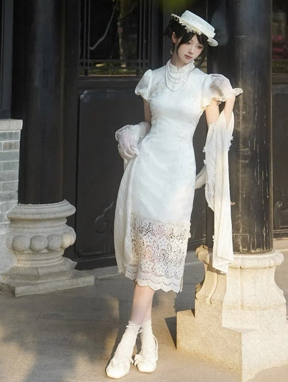 Knitted Shawl Flowers Decorated Beige