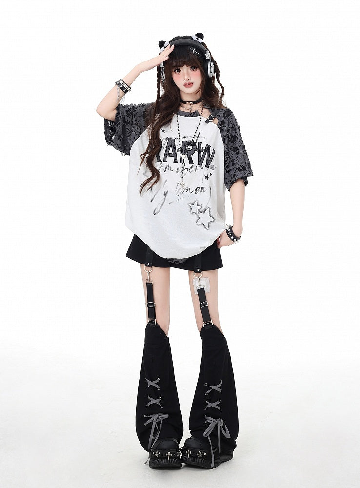 White Distressed Holes Star Buckle Graphic T-Shirt