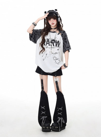 White Distressed Holes Star Buckle Graphic T-Shirt