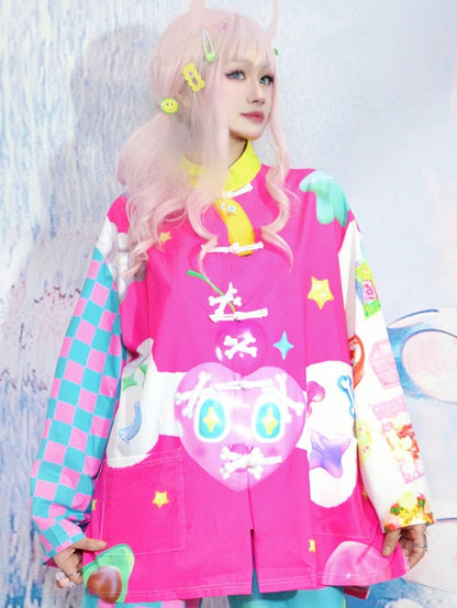Print Star And 6 Checked Shirt Pattern Bone Heart Colorful Y2K