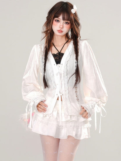 White Lace-up Placket V-neck Lace Blouse Balloon Sleeves