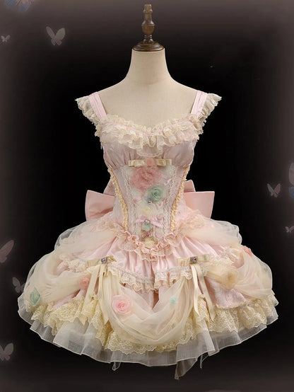 Robe princesse Lolita Hanayome à taille corset et baleines, motif floral rose