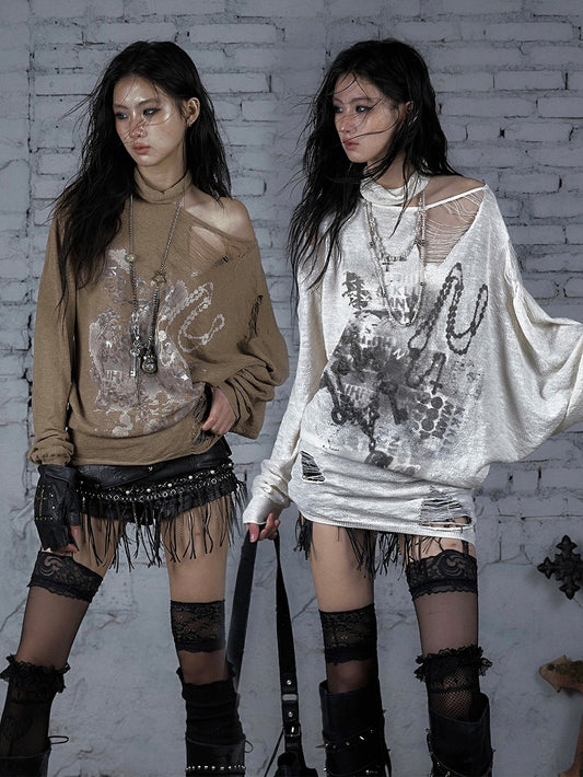 Distressed Beige/Khaki Top Neckline Punk Asymmetrical Sun Protection Wasteland Holes