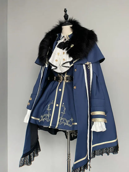 XXL Gold Coat Blue Skirt + Set Cape Shirt Jabot Trimming Clearance-Size Full Lolita Military and