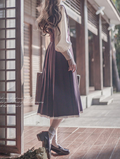 Purple Embroidery Floral Dusty in with High Waist Box Pleat Overall Dress