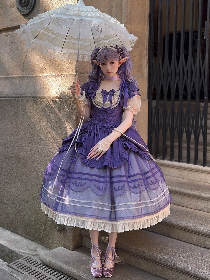 パープルのボーン入りバスクウエスト、エレガントなアンダーバスト、クラシックなロリータジャンパースカート