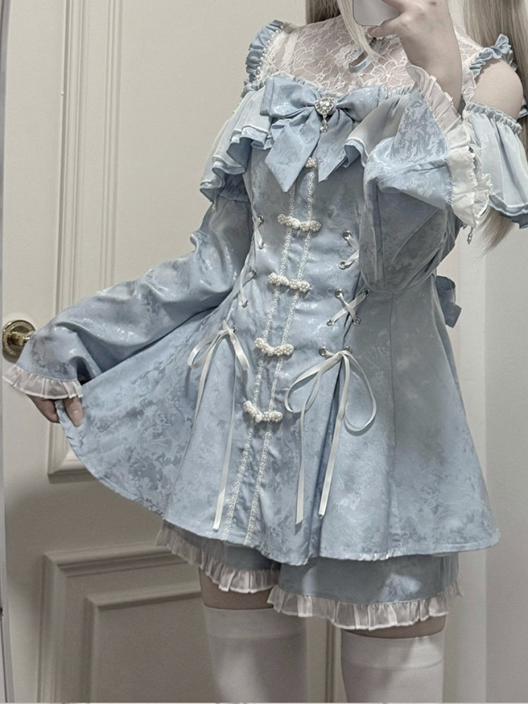 Shorts Bow Tie Cheongsam Light + Neckline Kei Style Set- Jirai Illusion Mini Dress Blue + Bell Sleeves