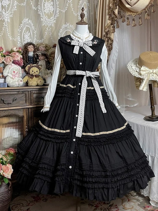 Embroidery Floral Country Cottagecore Ruffled Layers Black Lolita Dress with