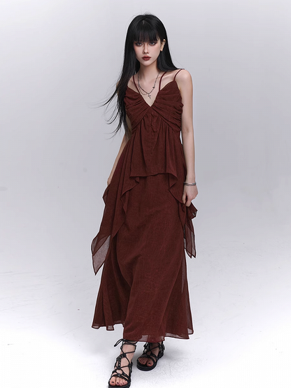 Waist Ankle Length Skirt Dark Red Elastic