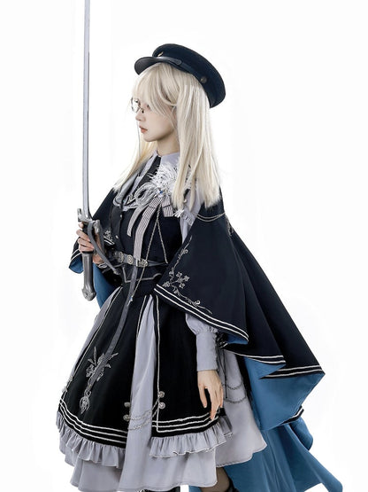 Shirt + Lolita Waistcoat Sleeves Set- Black Long Gray And Skirt Military
