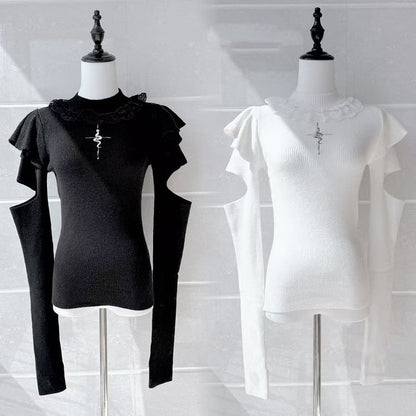 Knit Top with Snake Embroidery Mock Neck Gothic Flutter and Sleeves Black