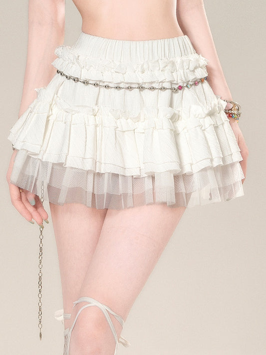 Tiered Skirt White Mesh Elastic Waist Sweet
