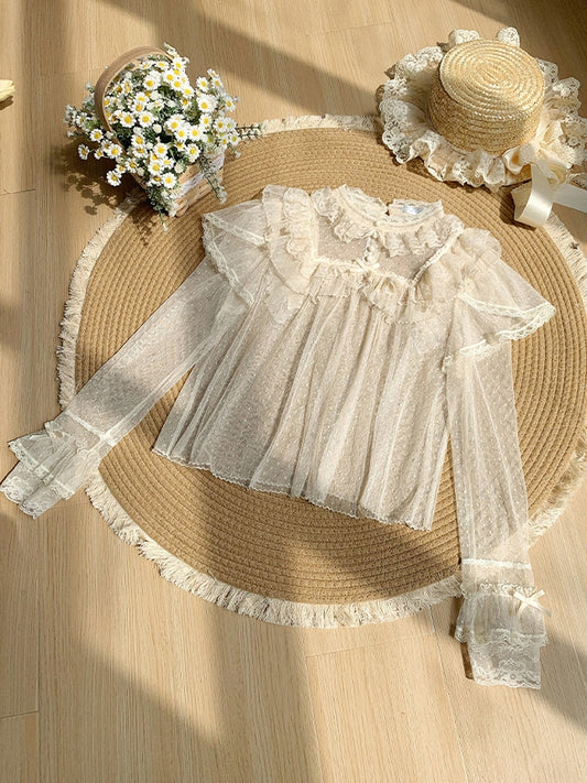 Long Tulle Sheer Top Lace Beige Sleeves Dots