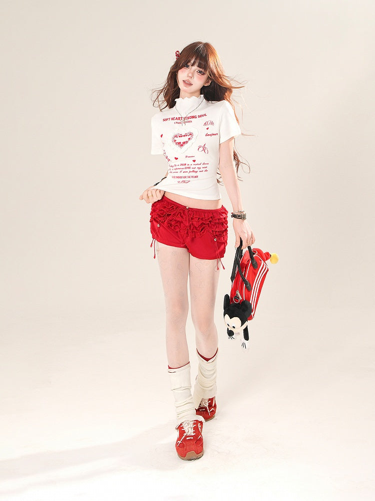 White/Yellow High Neck Ruffled Heart Graphic T-Shirt