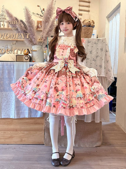 Print Sweet and Waist Dessert Lolita Bunny High Dress Pink