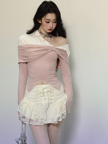 Pink and White Fake Two-piece Asymmetrical Neckline Top