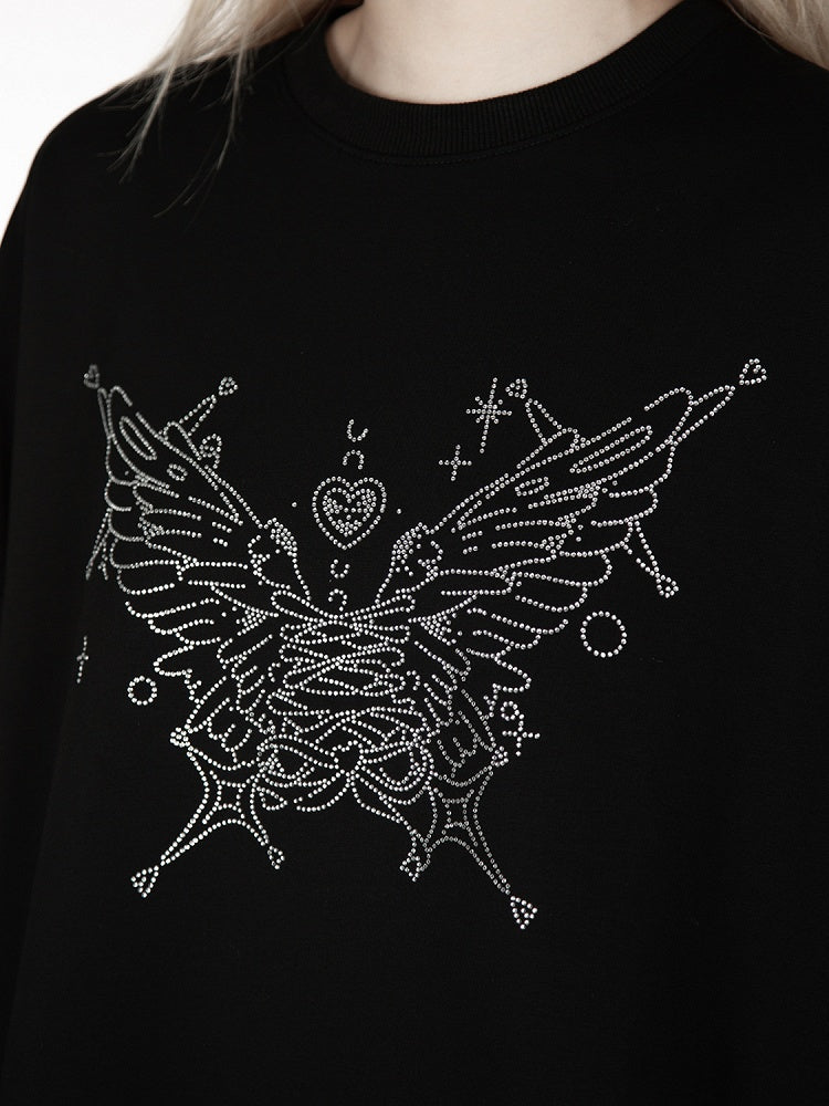 Black Rhinestone Butterfly Loose Sweatshirt