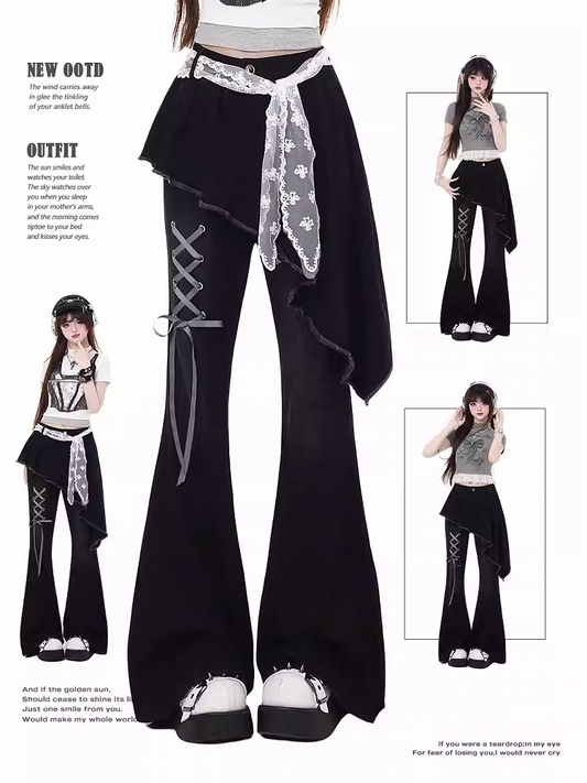 Waist Lace Belt Flared Pants Black Asymmetrical Hem Lace-up Faux Two-Piece Detail with