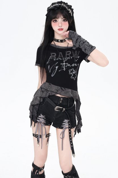 shorts Colored ribbon denim lace-up