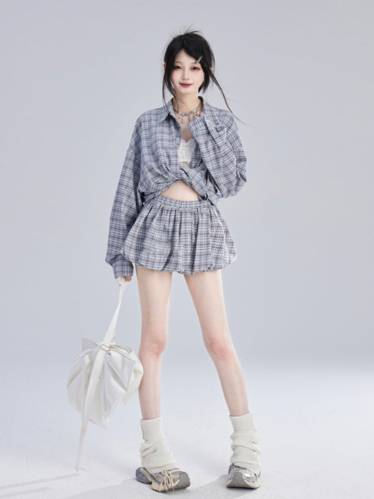Loose Blue  White Plaid Vintage Shirt/Bubble Skirt