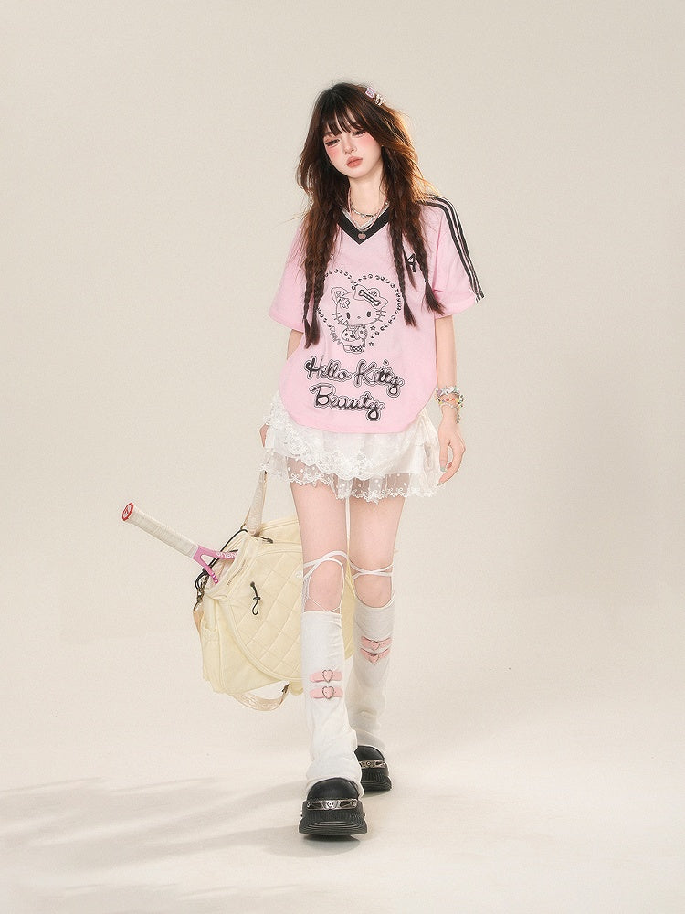 Pink V-Neck Kitty Print Contrast Loose T-Shirt Black Trim