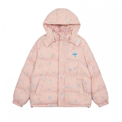 Milk White/Pink Stars and Bows Hooded Thick Jacket