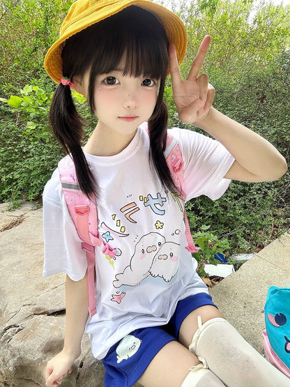 Print Shorts Drawstring Seal Blue Cute Navy Waist