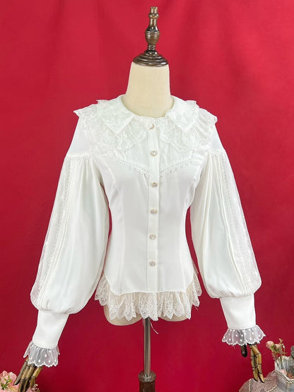 White Double Layered Collar Elegant Long Slevees Shirt