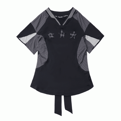 T-shirt Star Appliques V-neck Sports Colorblock Design Plaid Black/Gray