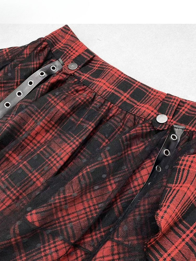 Skirt Glamorous Y2K Pattern Ruffle Cascading BlackRed Trim Plaid